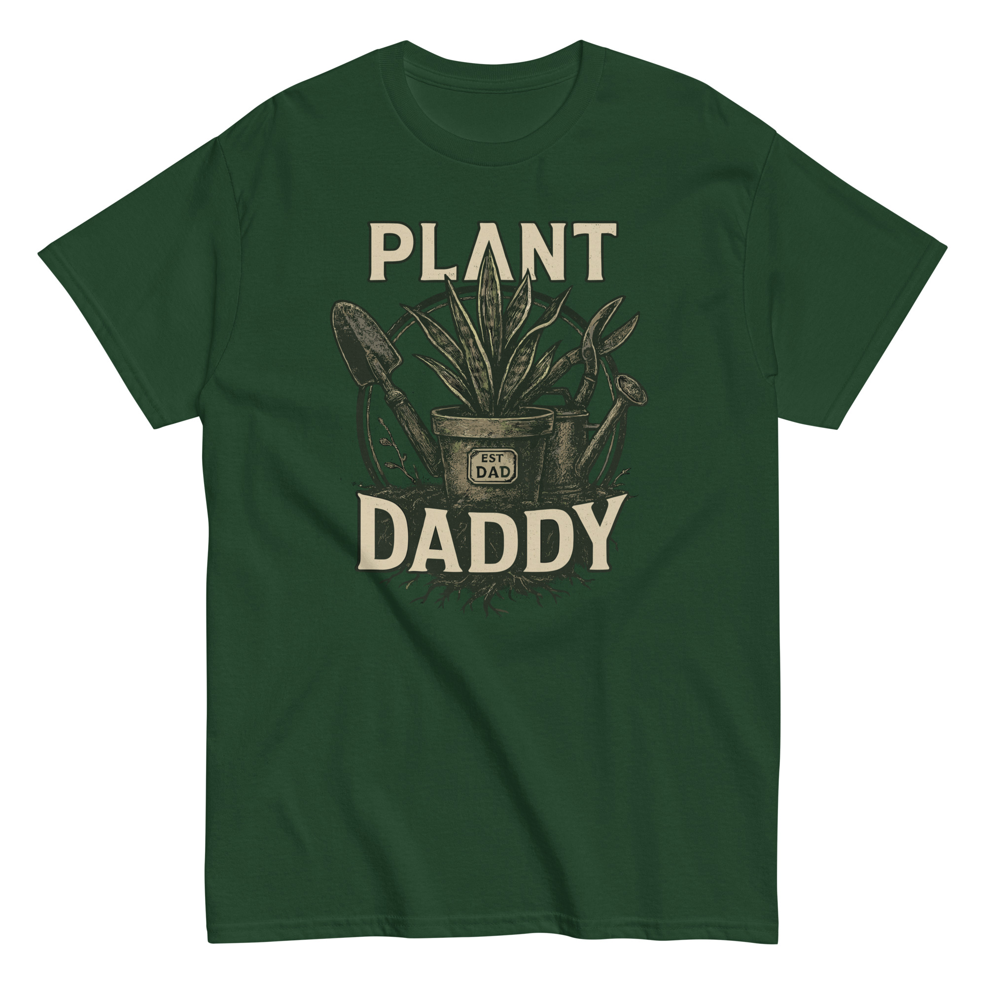 Green 'Plant Daddy' shirt with plant graphics.