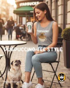 Woman in Pugpuccino shirt with Starbucks cup