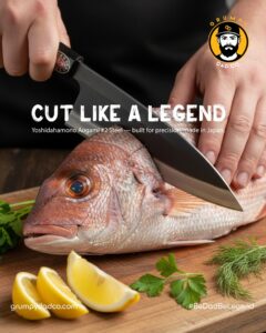 Cutting fish with knife, herbs and lemon slices.
