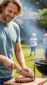 Man slicing steak at outdoor barbecue.