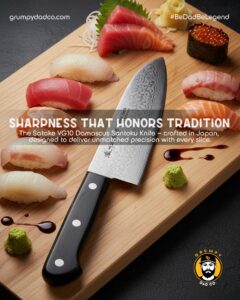 Japanese knife and sushi on wooden board