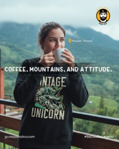 Woman enjoying coffee with mountain view in Panama.