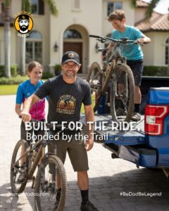 Family unloading bikes from truck for trail adventure.
