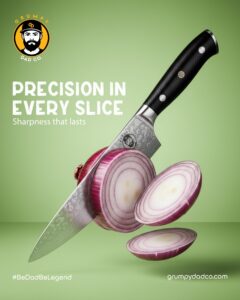 Grumpy Dad knife slicing onion precisely.