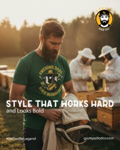 Man in beekeeping outfit with logo and slogan.