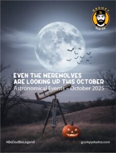 Full moon, telescope, and jack-o'-lantern in field.
