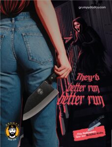 Person holding butcher knife, shadowy figure behind.