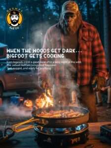 Bigfoot cooking with Jetboil outdoors at night.