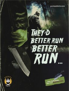 Scary Halloween poster with masked figure and knife.