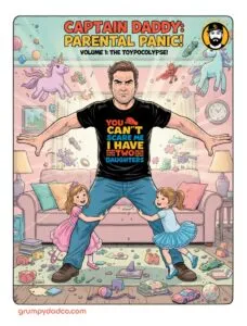 Dad protecting daughters from toy chaos.