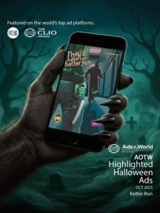 Halloween advertisement on phone in eerie setting.