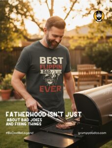 Dad grilling steak, wearing 'Best Flippin' Dad' shirt.