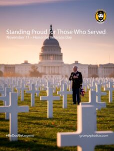 Veterans Day tribute at cemetery, soldier saluting.