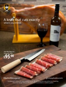 Yoshida Hamono knife and sliced meat on cutting board.