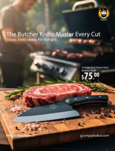 Butcher knife and steak on cutting board, outdoor grill.
