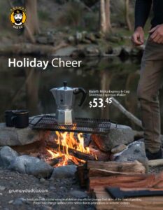 Camping fire with stovetop espresso maker and cup.