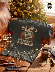 Dad joke T-shirt beside Christmas tree and lights.