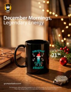 Christmas Kraken coffee mug on wooden table.