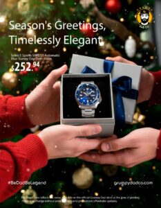 Holiday gift with Seiko watch near Christmas tree.