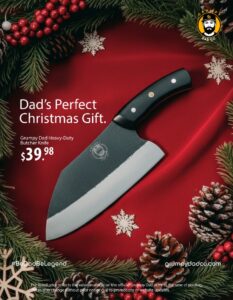 Christmas gift knife on festive background.