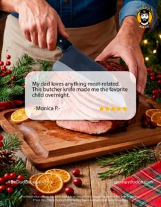 Man cuts ham with butcher knife on cutting board.