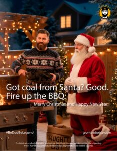 Man with Santa and coal for BBQ Christmas ad.