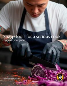 Chef slicing cabbage with sharp knife.