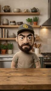 Puppet chef stands in rustic kitchen setting.