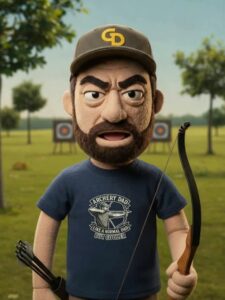 Character puppet holding bow in archery range