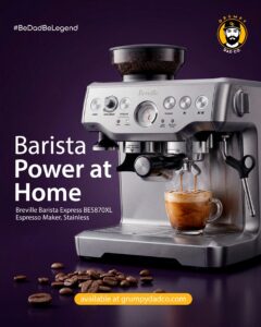 Breville espresso machine with coffee cup and beans.