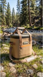 Portable cooler by river on sunny day.
