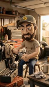 Puppet mechanic working in garage