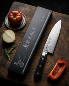 Japanese knife with vegetables on wooden surface