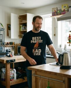 Man in kitchen wearing parrot-themed shirt