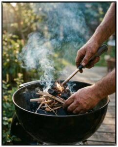 Person lighting charcoal in a grill.