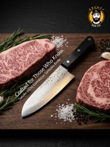 Damascus Santoku knife with marbled steaks on board