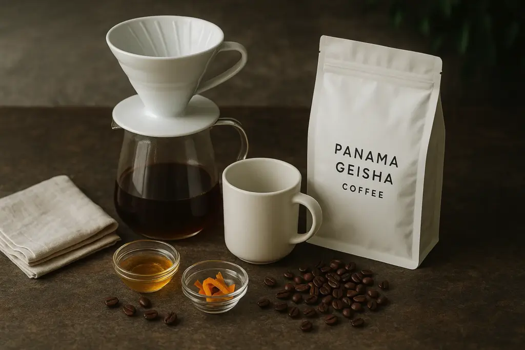 A minimal and elegant flat lay of a pour-over coffee setup featuring a white Hario V60, a ceramic mug, and a bag labeled “Panama Geisha Coffee.” Include small glass containers with honey and citrus peel, a clean towel, and fresh coffee beans. Set on a rustic wood or stone surface with soft morning light and blurred greenery in the background. Mood: calm, premium, and ritualistic