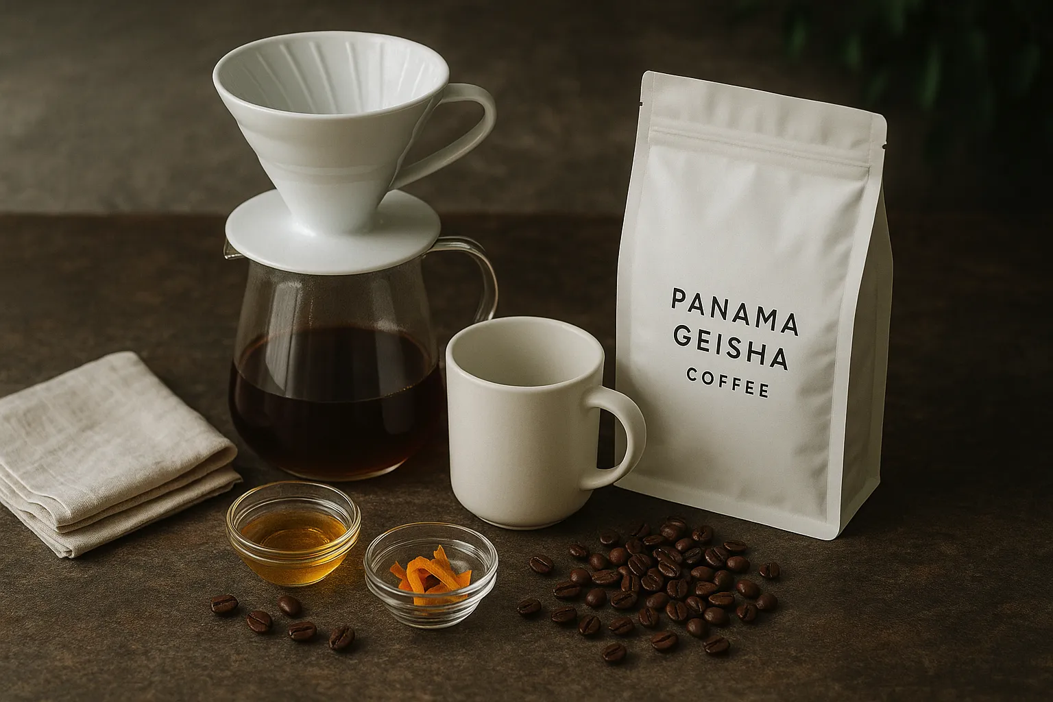 A minimal and elegant flat lay of a pour-over coffee setup featuring a white Hario V60, a ceramic mug, and a bag labeled “Panama Geisha Coffee.” Include small glass containers with honey and citrus peel, a clean towel, and fresh coffee beans. Set on a rustic wood or stone surface with soft morning light and blurred greenery in the background. Mood: calm, premium, and ritualistic