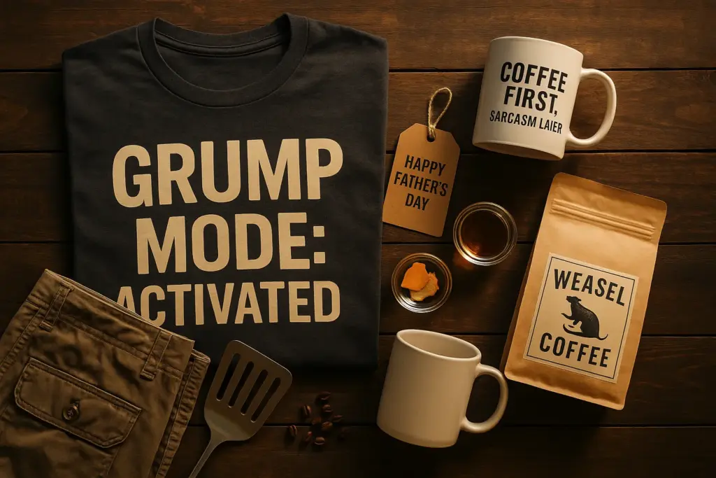 A lifestyle flat lay of humorous Father's Day gifts arranged on a rustic wooden table. Include a folded graphic t-shirt with bold, funny text like “Grump Mode: Activated,” a coffee mug that says “Coffee First, Sarcasm Later,” and a brown kraft gift tag that reads “Happy Father’s Day.” Add a folded pair of cargo shorts, a grilling spatula, and a bag of specialty coffee labeled “Weasel Coffee.” The lighting should be warm and cozy, with soft morning sunlight coming in from the side. The overall mood should be playful and masculine, with clean, product-focused composition