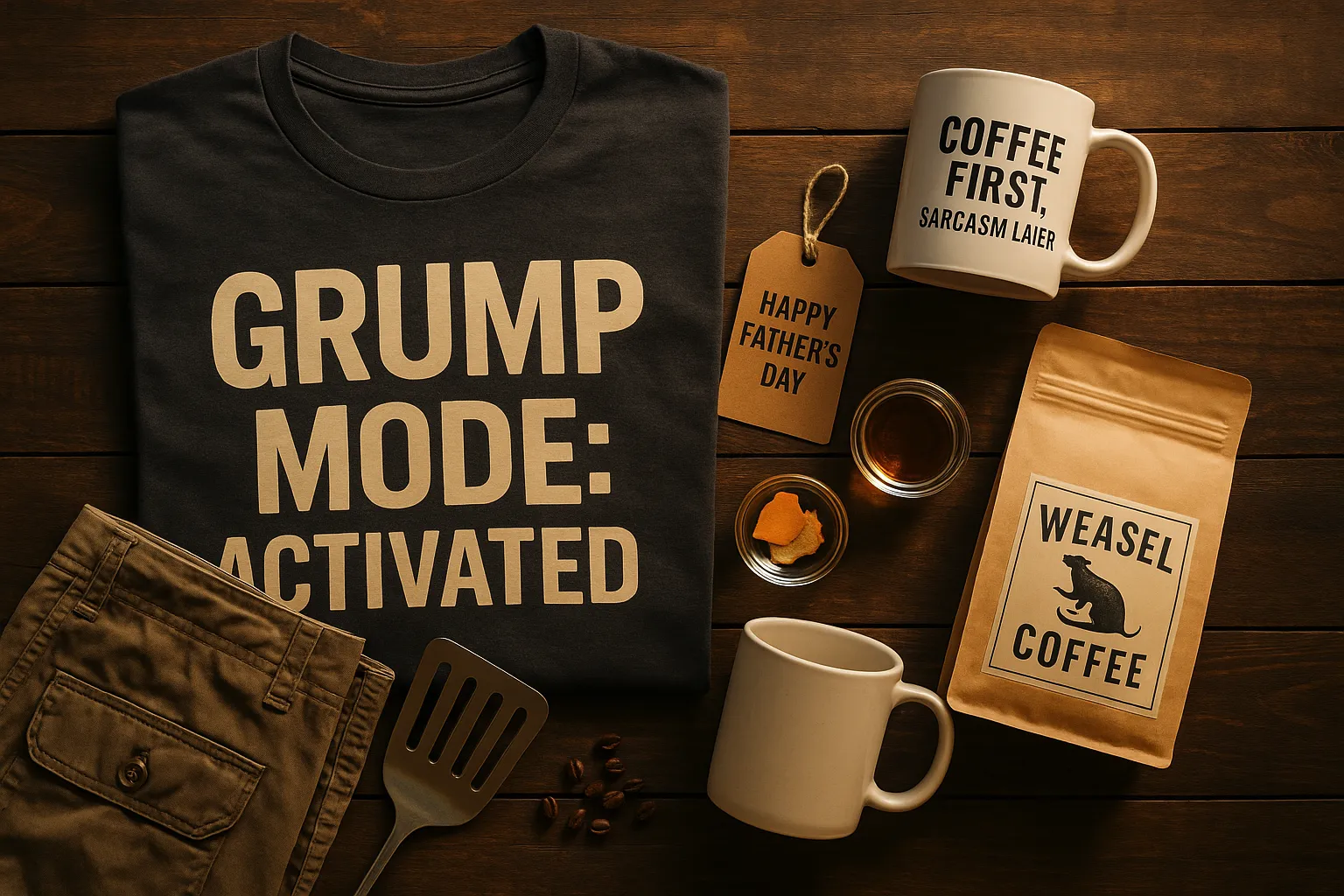 A lifestyle flat lay of humorous Father's Day gifts arranged on a rustic wooden table. Include a folded graphic t-shirt with bold, funny text like “Grump Mode: Activated,” a coffee mug that says “Coffee First, Sarcasm Later,” and a brown kraft gift tag that reads “Happy Father’s Day.” Add a folded pair of cargo shorts, a grilling spatula, and a bag of specialty coffee labeled “Weasel Coffee.” The lighting should be warm and cozy, with soft morning sunlight coming in from the side. The overall mood should be playful and masculine, with clean, product-focused composition