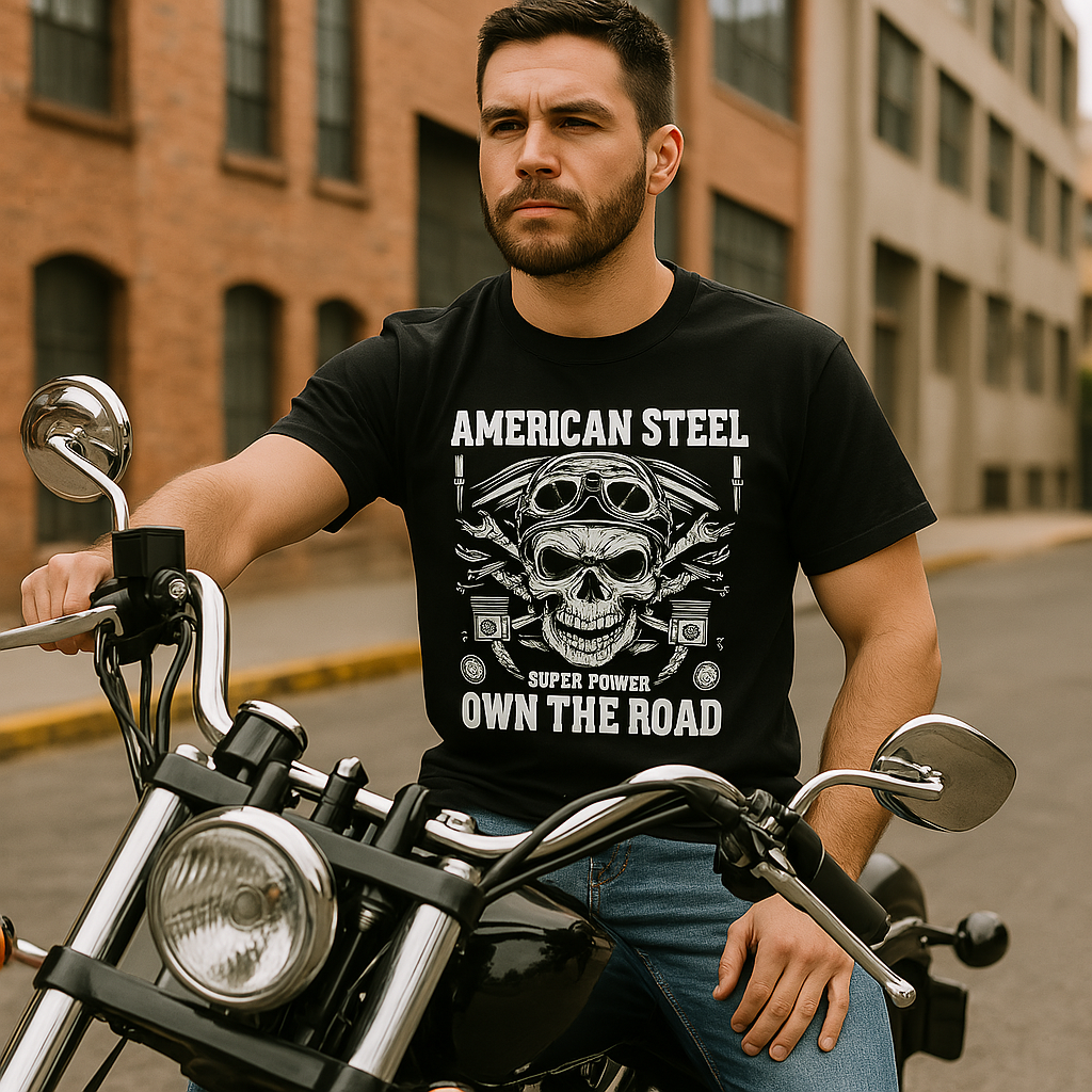 Man wearing a Grumpy Dad sweatshirt sitting on a motorcycle outdoors