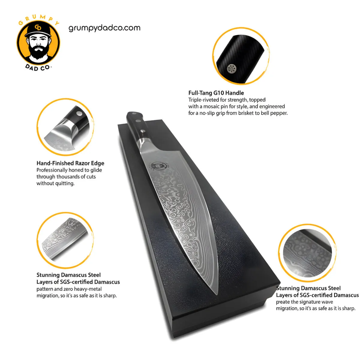 Damascus chef knife with G10 handle, sharp razor edge.