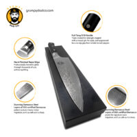 Damascus chef knife with G10 handle, sharp razor edge.