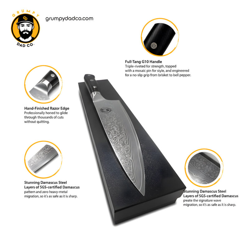 Damascus chef knife with G10 handle, sharp razor edge.