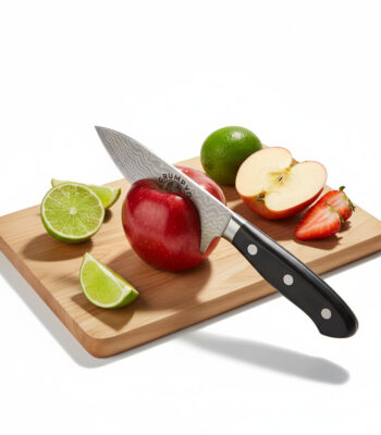Knife cutting apple on wooden board with fruits