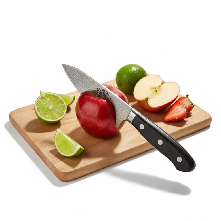 Knife cutting apple on wooden board with fruits