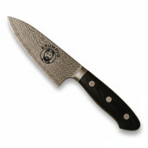 Chef knife with wavy pattern blade and black handle.