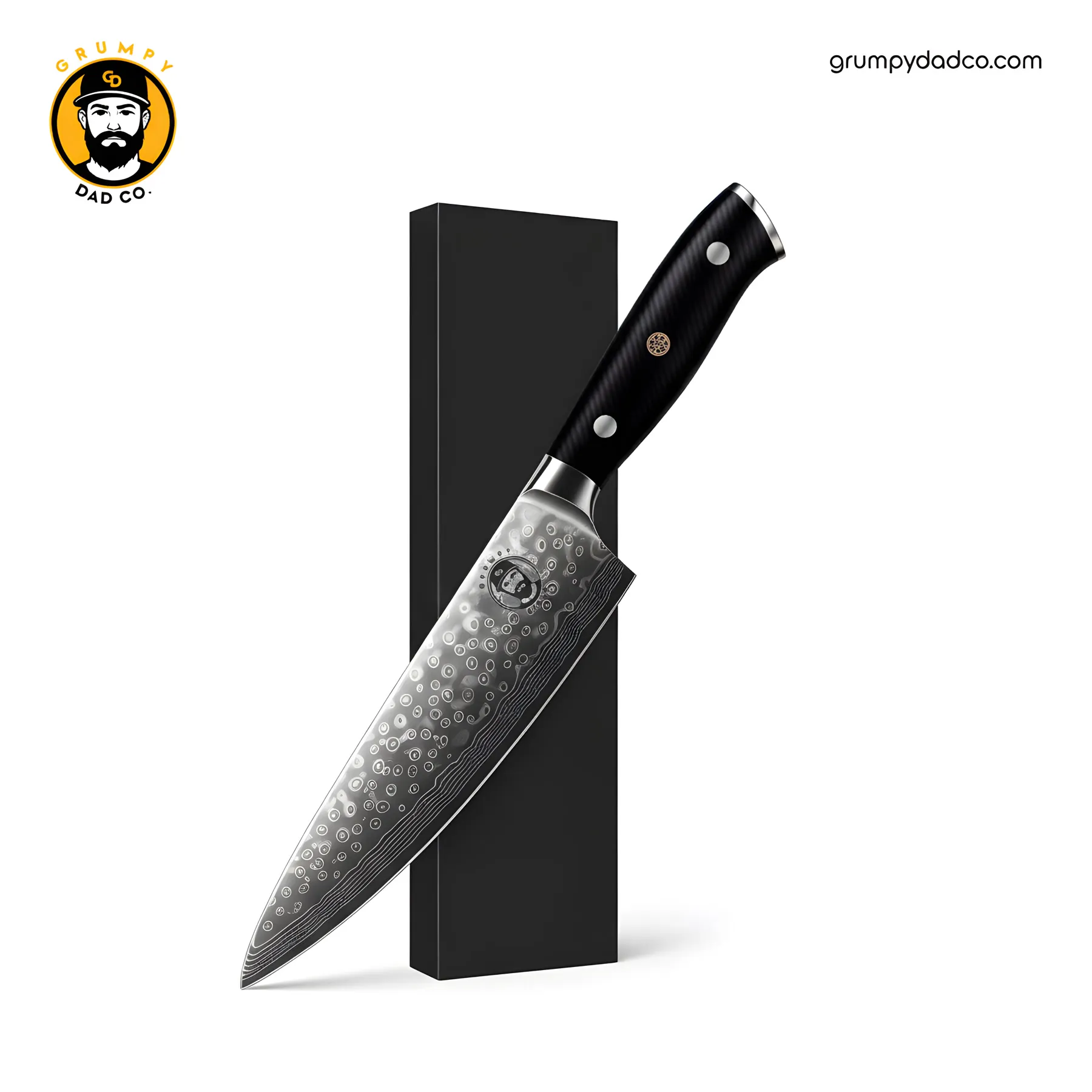 Grumpy Dad Co 8 Damascus Chef Knife Grumpy Dad Co. chef knife with patterned blade.