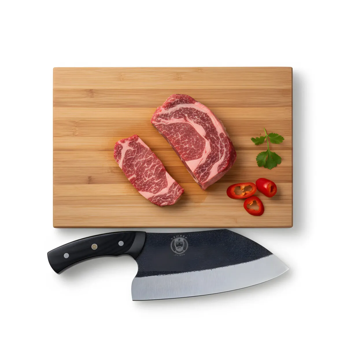 Raw steak with knife on cutting board