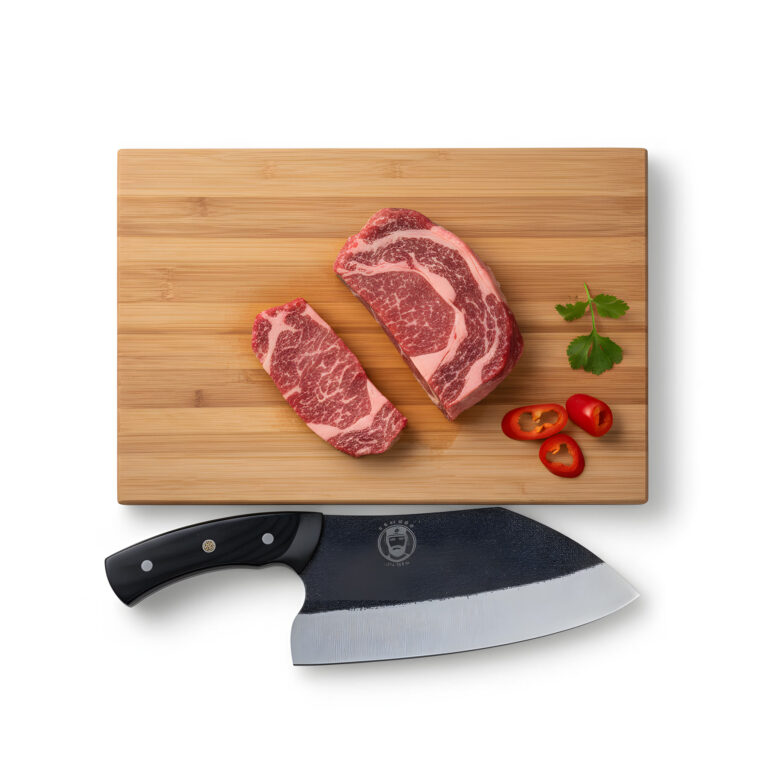 Raw steak with knife on cutting board